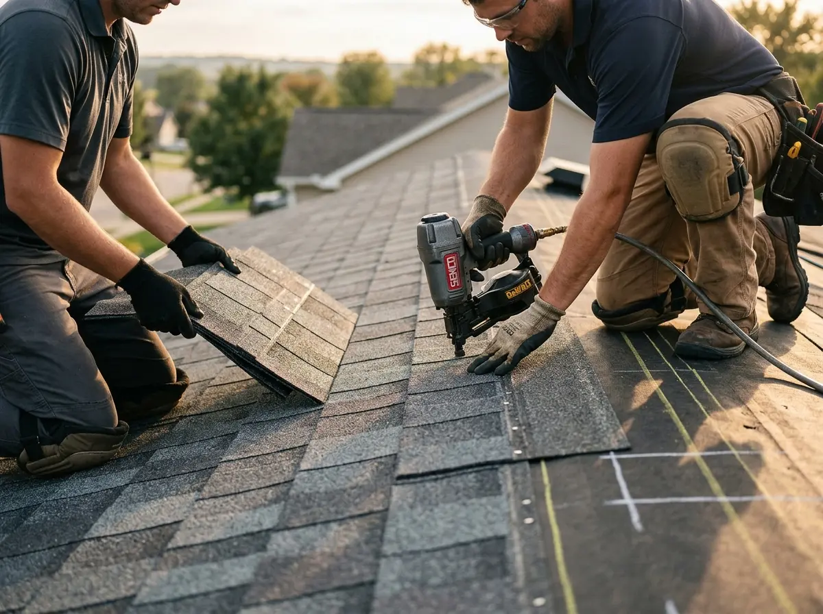 Professional roofer working on a residential roof in Nazareth